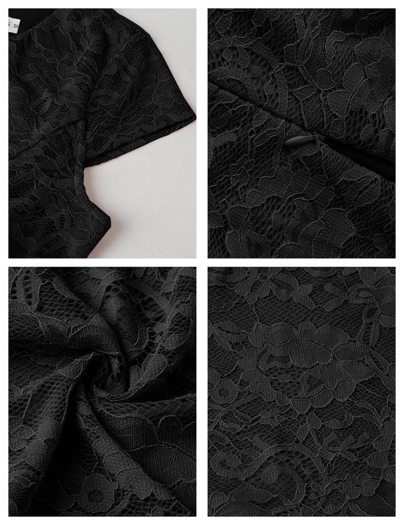MUADRESS Women Cap-Sleeve Lace Floral Elegant Cocktail Dress Crew Neck Knee Length Bridesmaid Prom Dresses for Party Black S - Image 4